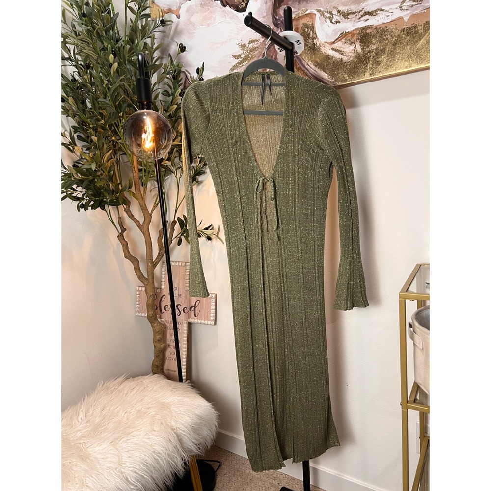 Anthropologie Metallic Ribbed Longline Cardigan Duster  Olive Green Front Tie